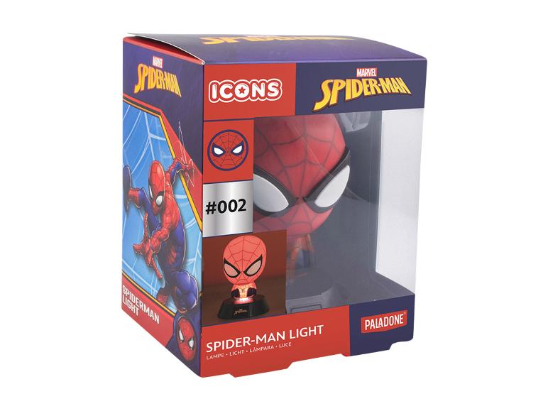 Spider-Man lamp in een doos met karakterafbeeldingen en nummer #002.