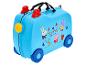 Blauwe kinderrijdkoffer met tekenfilmfiguren en de tekst 'Cool Adventures'