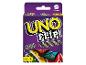 Kaartspeldoos met de tekst 'UNO FLIP!' en dubbelzijdige kaarten.