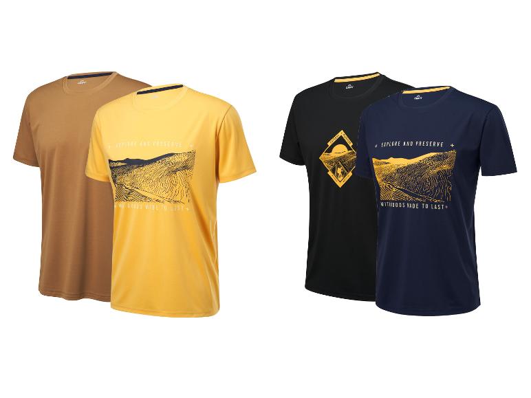 Crivit T-shirts: beige, geel, zwart en donkerblauw, met landschap prints.
