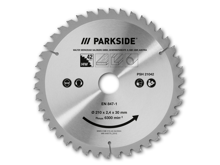 Een Parkside zaagblad voor hout, met een diameter van 210 mm.