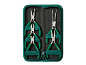 Precisietangenset met groene handvatten in een zwart etui met rits.