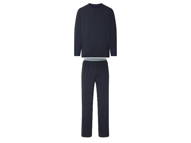 Donkerblauwe pyjama met een shirt met lange mouwen en een broek.