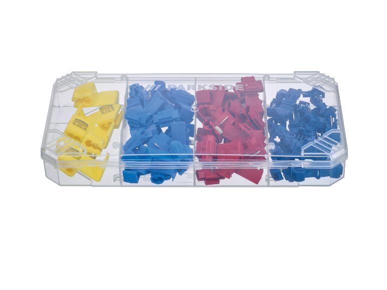 Parkside connectoren: blauw, rood en geel in een transparante doos.