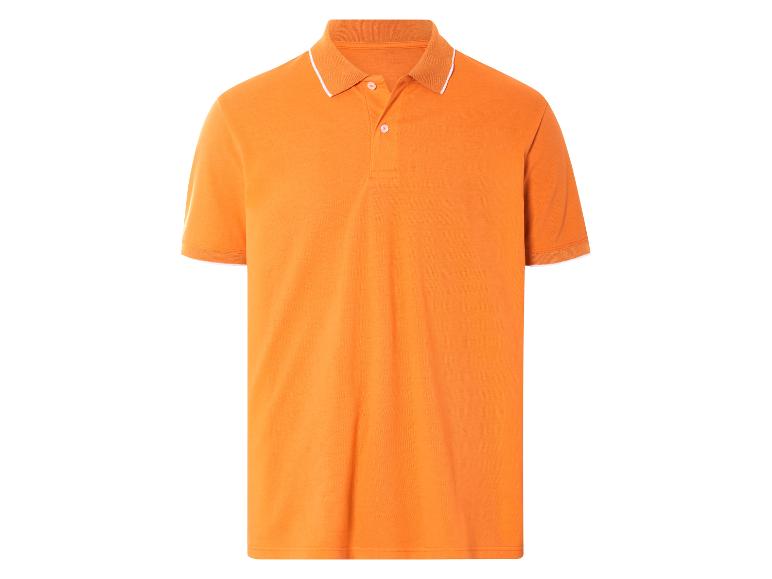 Oranje poloshirt met witte kraag.