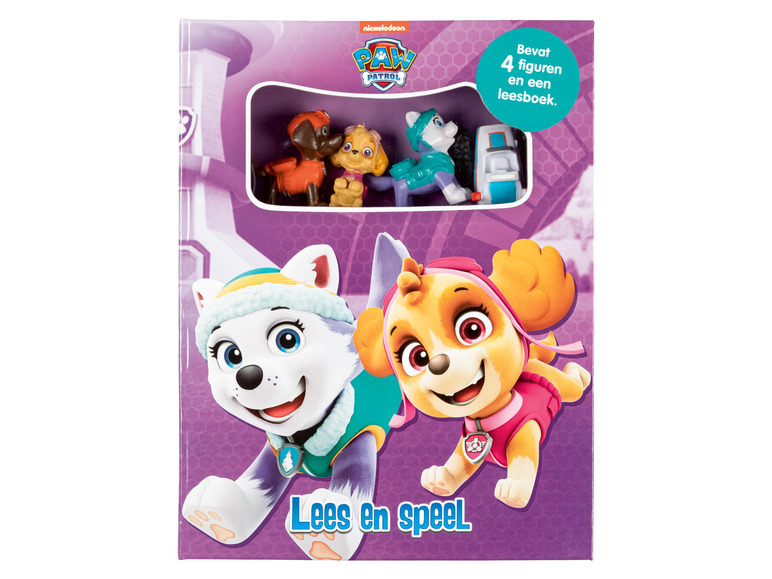 Paw Patrol boek met speelfiguren en een leesboek.