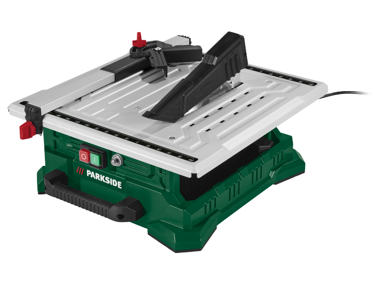 Tafelzaag met groene basis, wit werkblad en zwart zaagblad.