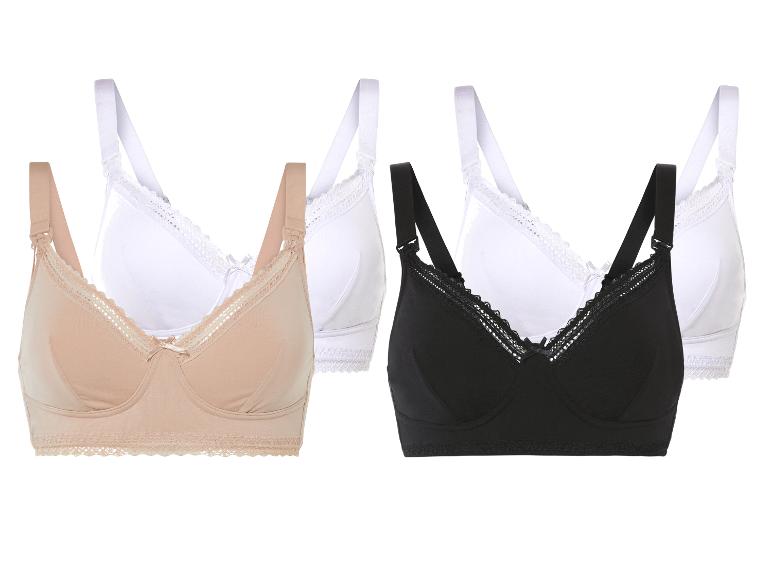 Drie witte, zwarte en beige beha's met kant.