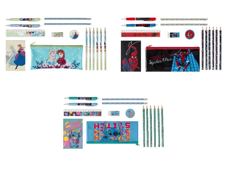 Pennen, potloden, linialen en etui's met Frozen, Spider-Man en Stitch.