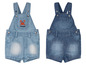 Twee blauwe spijkerbroek romper pakjes voor baby's.