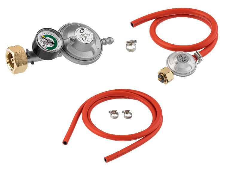 Gasregelaar met manometer, slang en klemmen, productiedatum 2026.