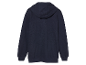 Een donkerblauwe hoodie met rits, van achteren gezien.