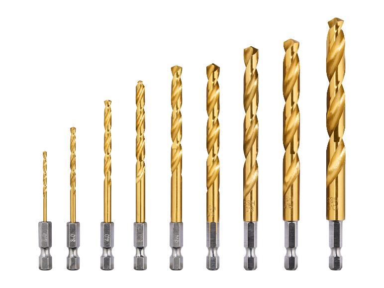 Een set gouden boorbitsen in diverse maten met zeskantige schachten, van 2,0 tot 10,0.