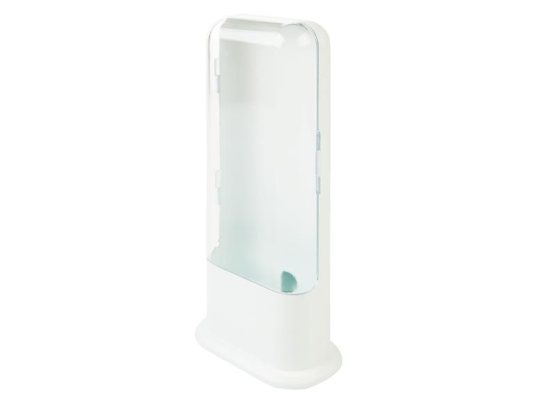 Een witte dispenser met een transparant vak voor het bewaren van keukenrollen.