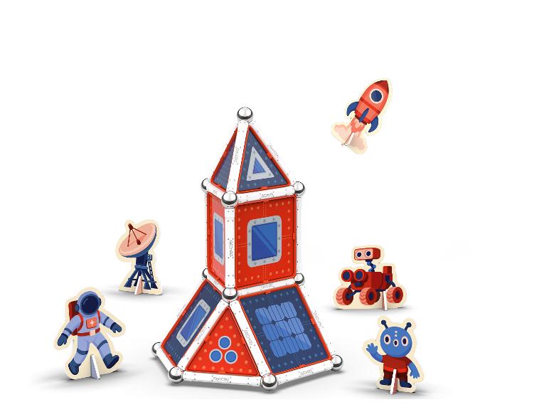 Magnetische bouwset met ruimtethema, raket, astronaut en robot.