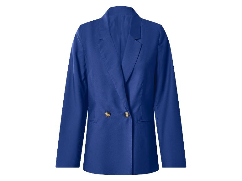 Blauwe double-breasted blazer met twee bruine knopen.