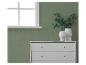 Witte ladekast met decoratieve vazen en groene bladeren voor een groene muur met een raam.
