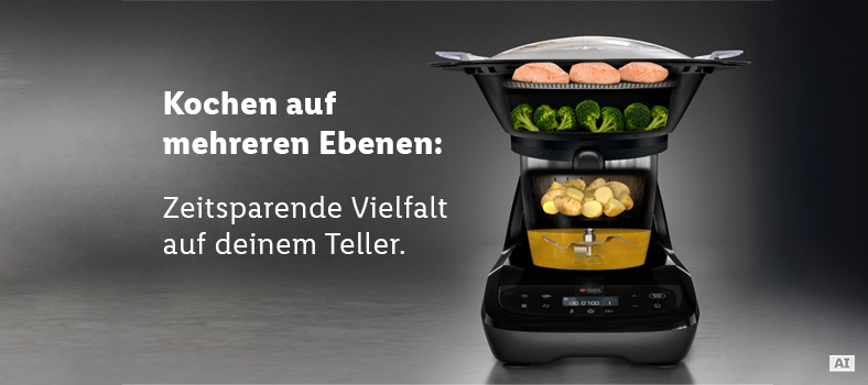 Monsieur Cuisine compact met geopend deksel, geplaatst roeropzetstuk en opgezette stoomkookopzet. (Met AI-watermerk)