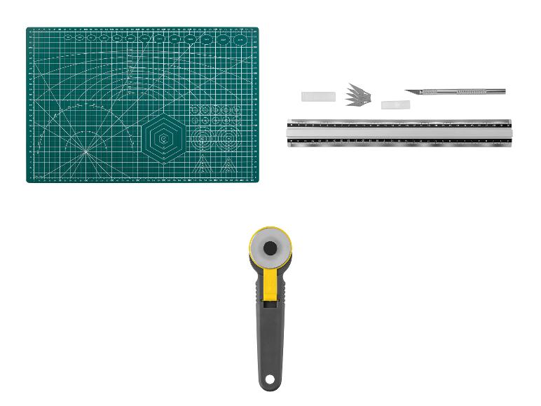 Snijgereedschap: snijmat, liniaal, rotatiemes en messen.