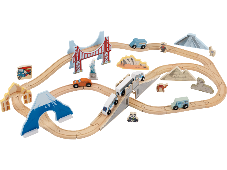 Houten treinset met rails, voertuigen en iconische wereldmonumenten.