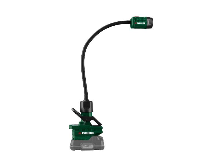 Draadloze LED-werklamp met flexibele zwanenhals en klem, op batterijen.