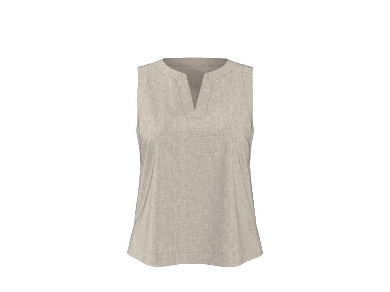 Beige mouwloze damesblouse met V-hals.