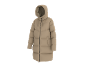 Lange beige pufferjas met capuchon en rits.