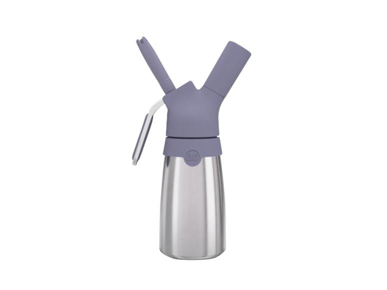Roestvrijstalen slagroomdispenser met een paarse kop en hendel.