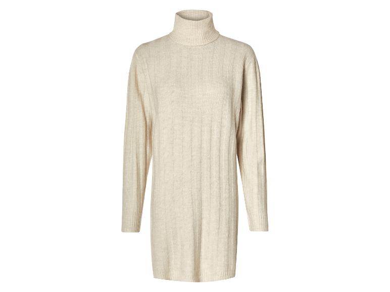 Lange, beige gebreide trui-jurk met rolkraag.