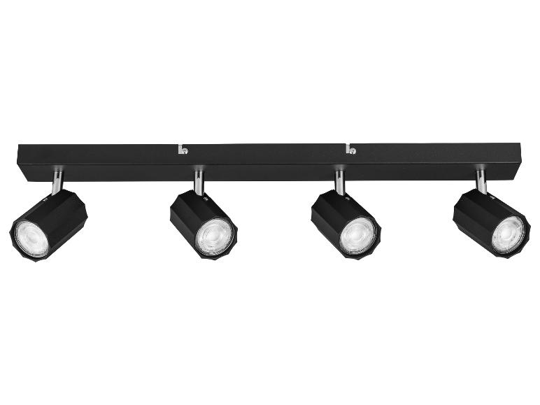Zwarte vierlichts plafondspot met verstelbare reflectoren.