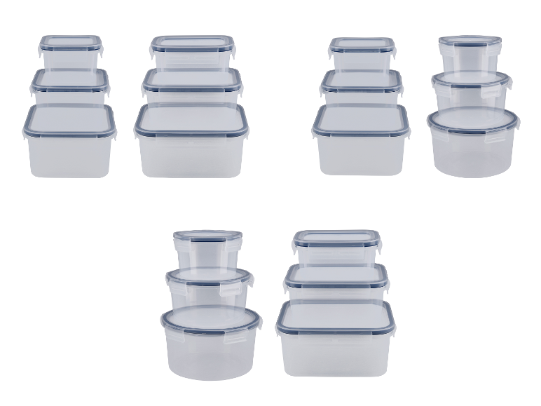 Sets van drie verschillende maten doorzichtige plastic voedselcontainers.