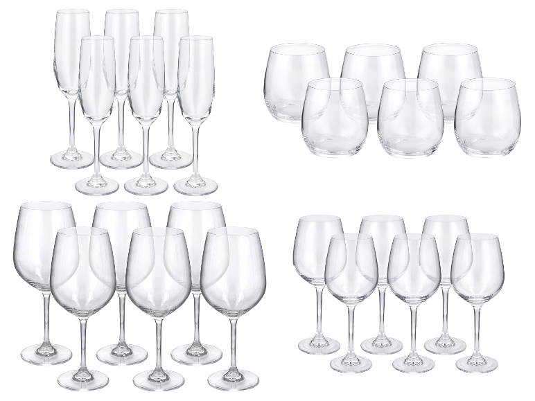 Diverse sets helder glaswerk: champagnefluiten, steelglazen en wijnglazen met steel.