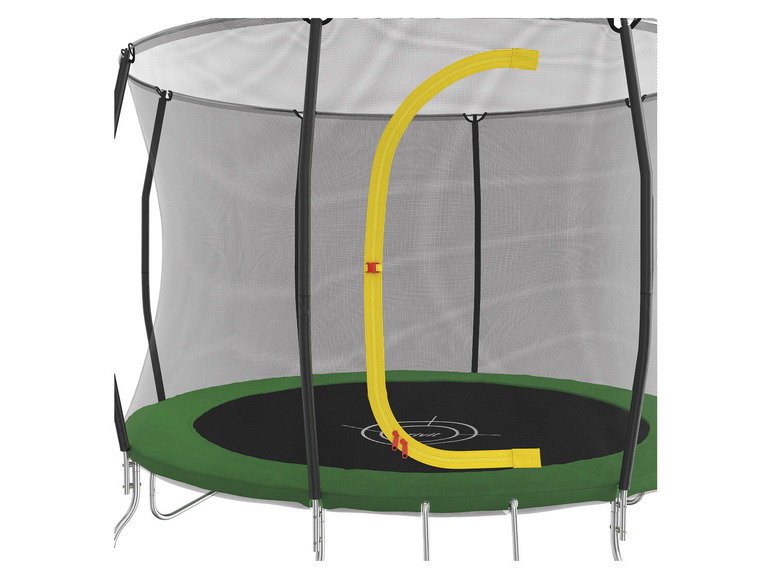 Een trampoline met veiligheidsnet en gele veiligheidsbeugel.