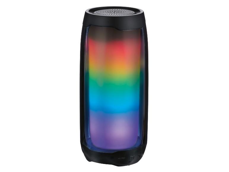 Draagbare speaker met regenboogverlichting.