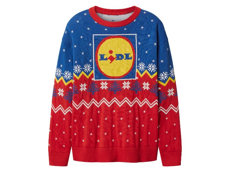 Lidl kersttrui in blauw en rood met sneeuwvlokken en logo.