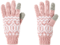 Paar roze gebreide handschoenen met witte geometrische patronen en grijze vingertoppen.