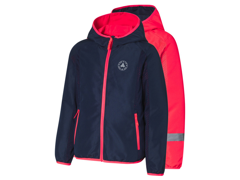 Een donkerblauw jack met roze details en een 'Love my bike' logo.