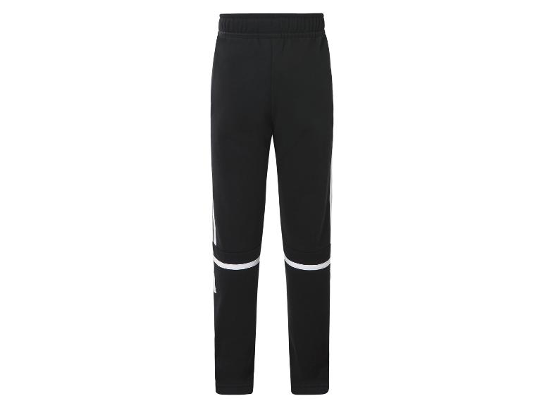 Zwarte sportbroek met witte strepen.