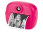 Roze instantcamera met een afgedrukte foto van kinderen die confetti blazen.