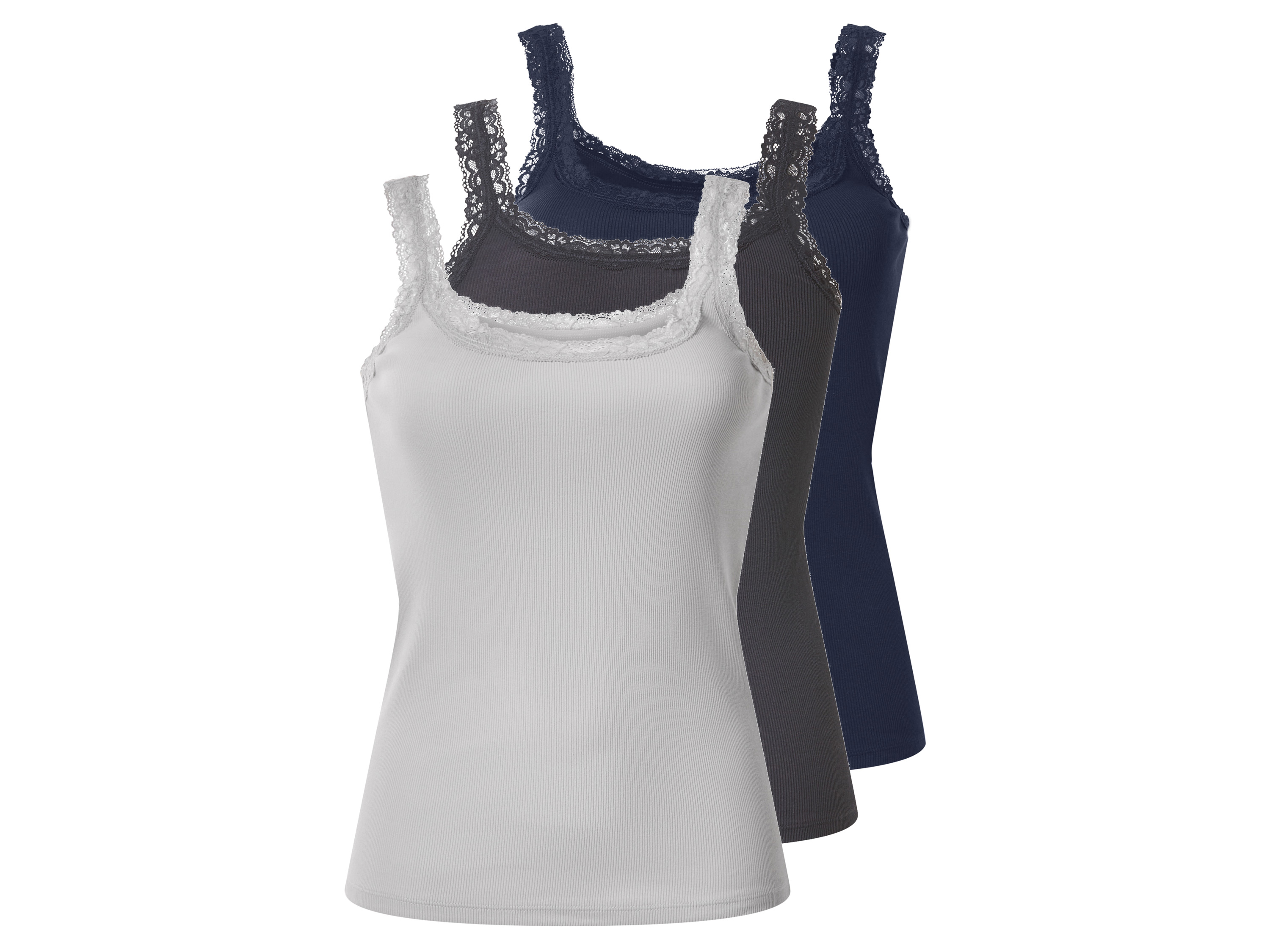 esmara Set van 3 geribde dames tops (marineblauw/donkergrijs/lichtgrijs, L (44/46))