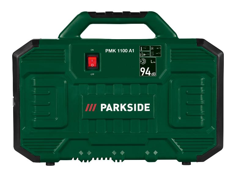 Groene en zwarte draagbare compressor met een aan/uit-knop en het merk Parkside.