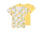Twee kinder-T-shirts: één wit met citroenprint, de andere effen geel.