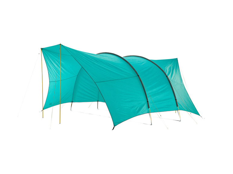 Een turquoise tent met gele stokken