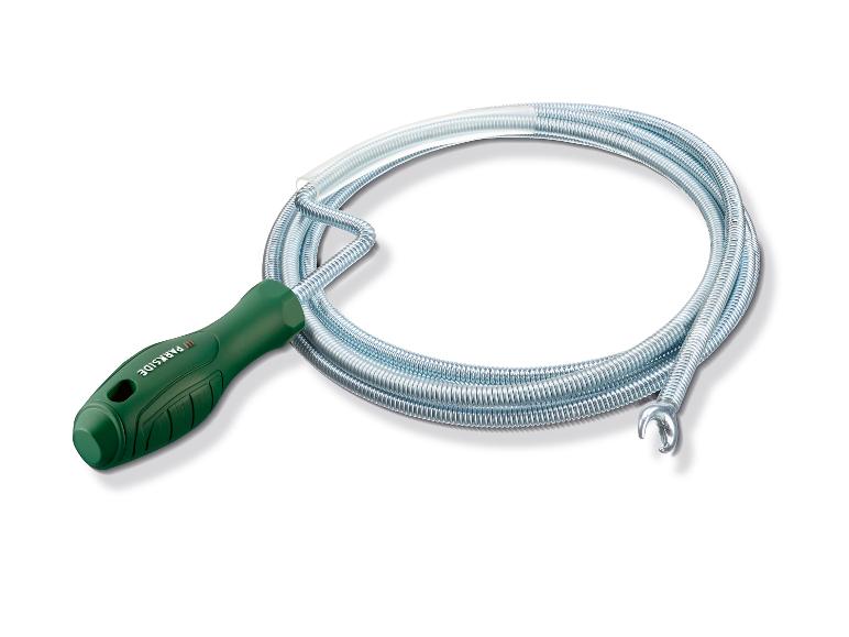 Parkside afvoerontstopper met groen handvat en metalen spiraal.