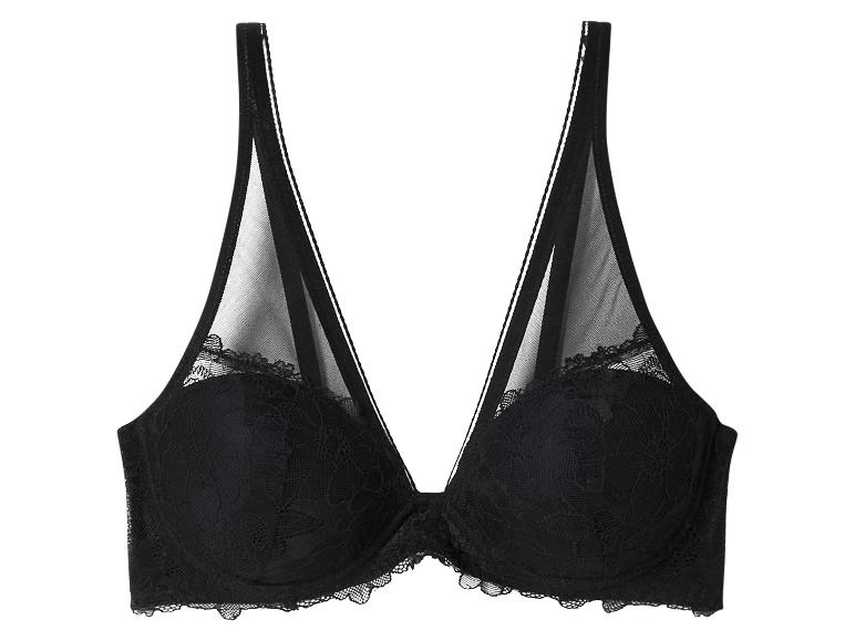 Zwarte kanten beha met driehoekige cups en transparante mesh details.