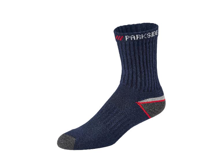 Een donkerblauwe Parksid sok met grijze en rode accenten.