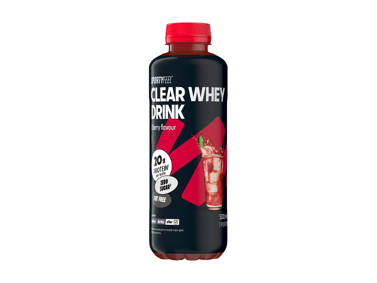 SportyFeel Clear Whey drank met kersensmaak in een fles van 500 ml.