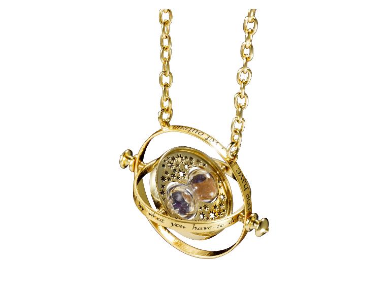 Gouden ketting 'Hermelien's Tijdverdrijver' met zandloper en draaiende ringen.