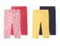 Set van twee meisjesleggings: roze met aardbeien en rood, plus geel en donkerblauw.