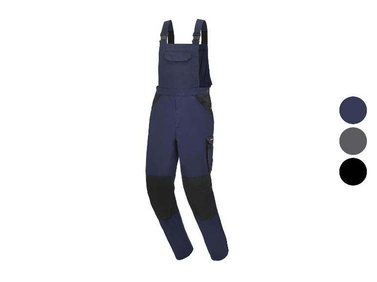 Blauwe werkbroek met zwarte kniestukken en drie kleurstaaltjes